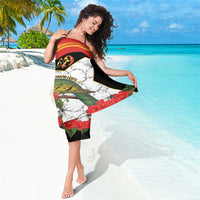 Personalised sarong, black with red/gold diagonal band, bird illustration and hibiscus flowers