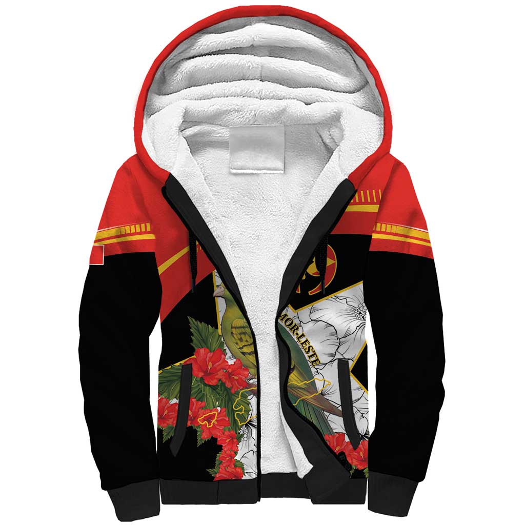 Personalised East Timor Independence Day Sherpa Hoodie Timor Pigeon Mix Hibiscus Pattern - Wonder Print Shop