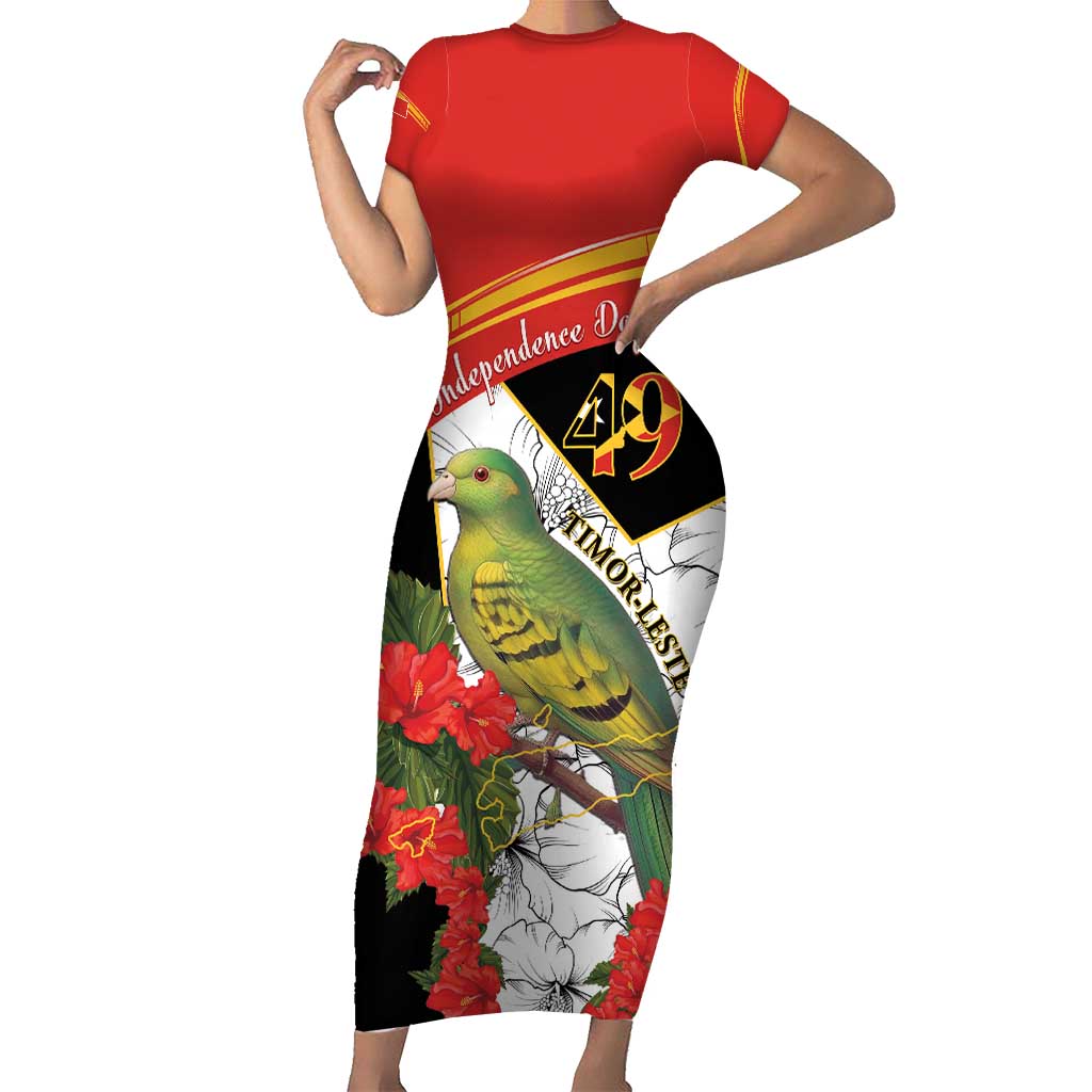 Personalised East Timor Independence Day Short Sleeve Bodycon Dress Timor Pigeon Mix Hibiscus Pattern - Wonder Print Shop