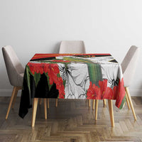 Square tablecloth in red, black, and white with hibiscus flowers and bird illustration