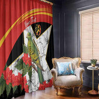 Red and black window curtain panel with bird and hibiscus floral print plus "49" shield motif