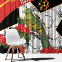 Red, black, and white window curtain close view with bird illustration, hibiscus flowers, and "49" mark