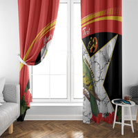 Red and black window curtain with bird-and-floral print and "49" shield design on white background