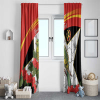 Red and black window curtain set with bird, hibiscus flowers, and "49" shield graphic across panels