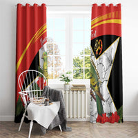 Red and black window curtain with hanging top rings, bird and hibiscus print, and "49" shield design