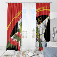 Red and black window curtain pair with bird, hibiscus flowers, and "49" shield graphic near window