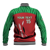 Unisex baseball jacket back with red panel, green patterned sleeves, 'YOUR TEXT' and '15'