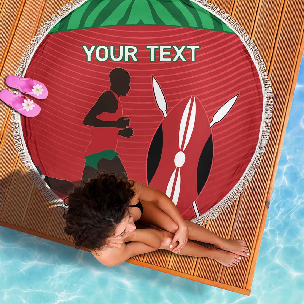 Red round beach blanket with fringe, runner and bunny graphic with 'YOUR TEXT'.