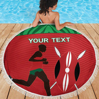 Red round beach blanket with fringe, runner and bunny graphic and 'YOUR TEXT'.