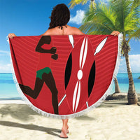 Red round beach blanket with fringe, runner and bunny graphic held up with 'YOUR TEXT'.