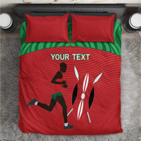 Red duvet cover set with green stripe, two red pillows, runner graphic and 'YOUR TEXT'