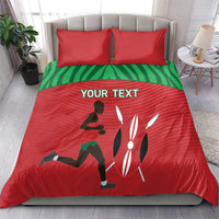 Red bedding set with green middle stripe, two red pillows, runner silhouette and 'YOUR TEXT'