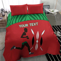 Red duvet cover set with green stripe, two red pillows, runner scene graphic and 'YOUR TEXT'