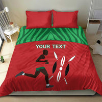 Red bedding set with green band, two red pillows, runner graphic and 'YOUR TEXT' headline
