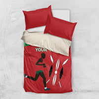 Red duvet cover set with green stripe, two red pillows, runner graphic and 'YOUR TEXT'
