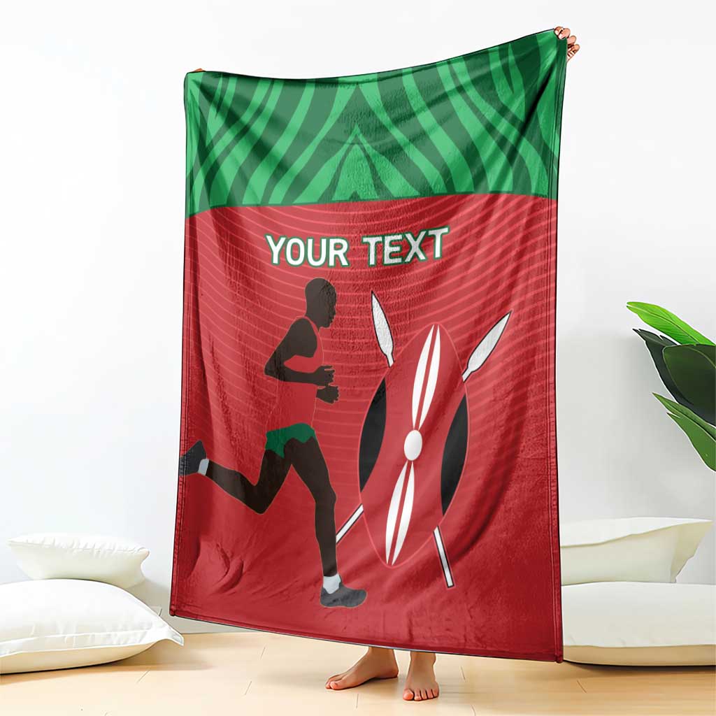 Red and green athletics blanket with 'YOUR TEXT' and Kenya runner silhouettes, draped