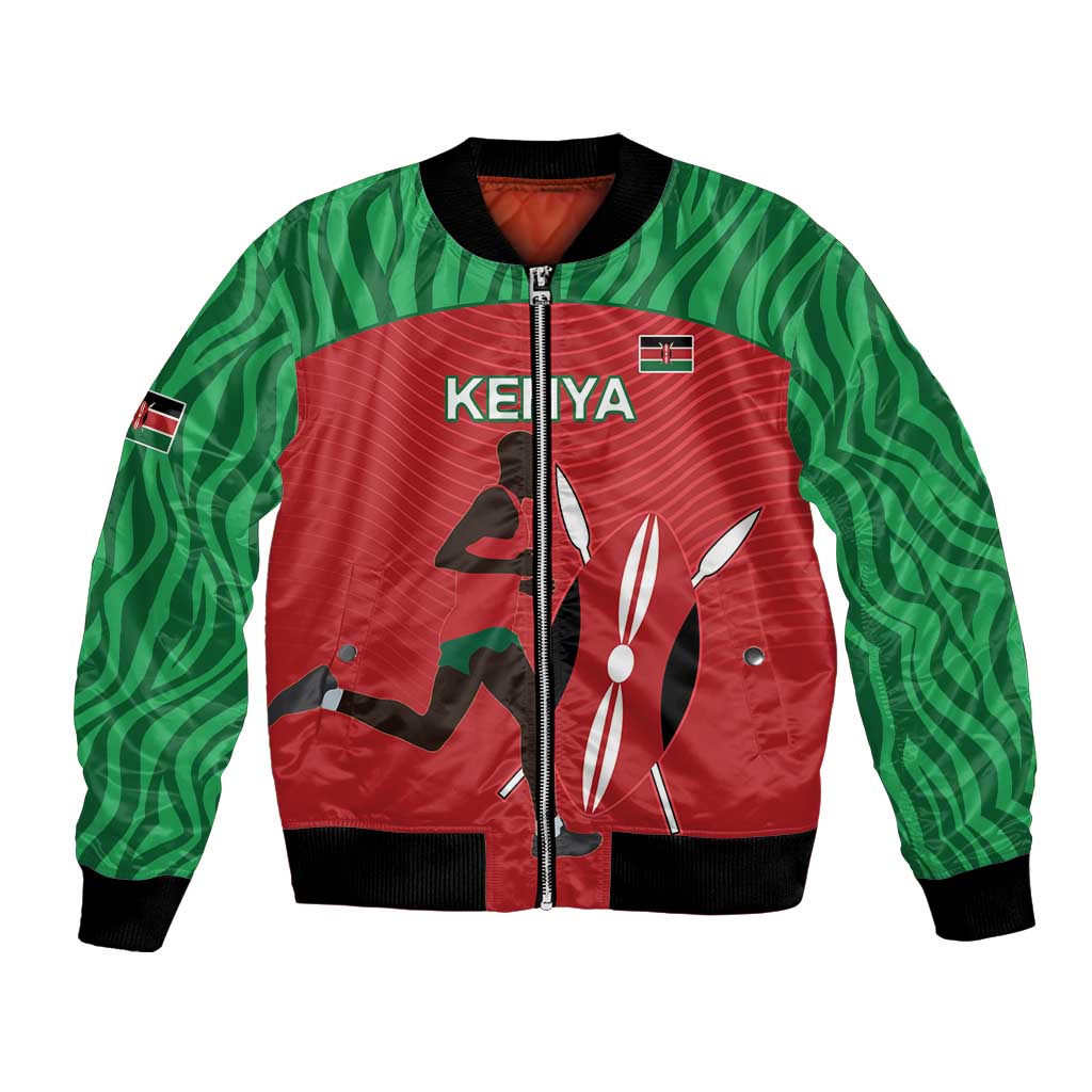 Red and green bomber jacket, full-zip front with KEIYA graphic; black ribbed collar