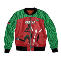 Red and green bomber jacket, full-zip front with KEIYA graphic; black ribbed collar