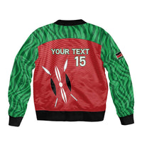 Red and green bomber jacket, back shows 'YOUR TEXT' and '15' with rabbit graphic; ribbed hem