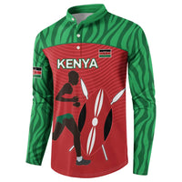 Front view red and green button sweatshirt with Kenya text and runner artwork