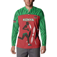 Red and green button-up sweatshirt with Kenya runner graphic and flag patch