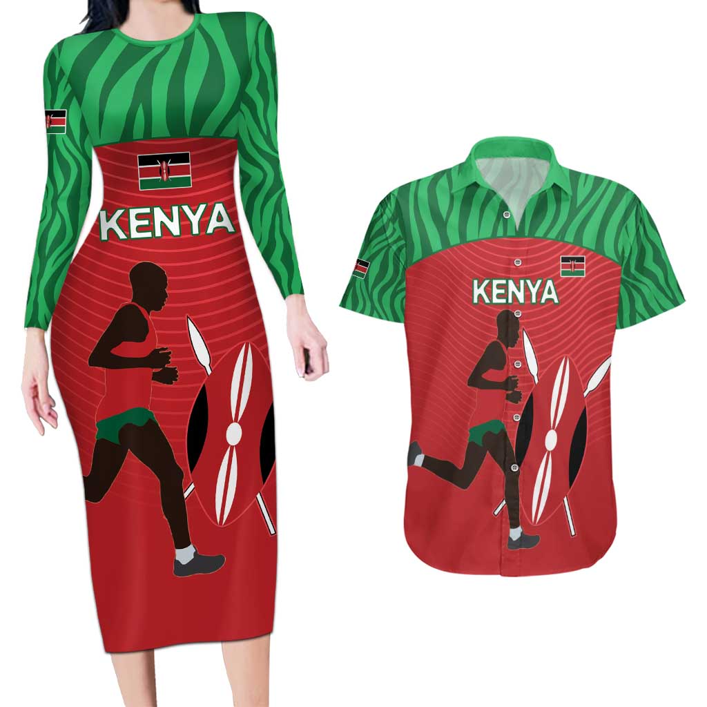 Custom Athletics Kenya Couples Matching Long Sleeve Bodycon Dress and Hawaiian Shirt Kenyan Runner - Wonder Print Shop