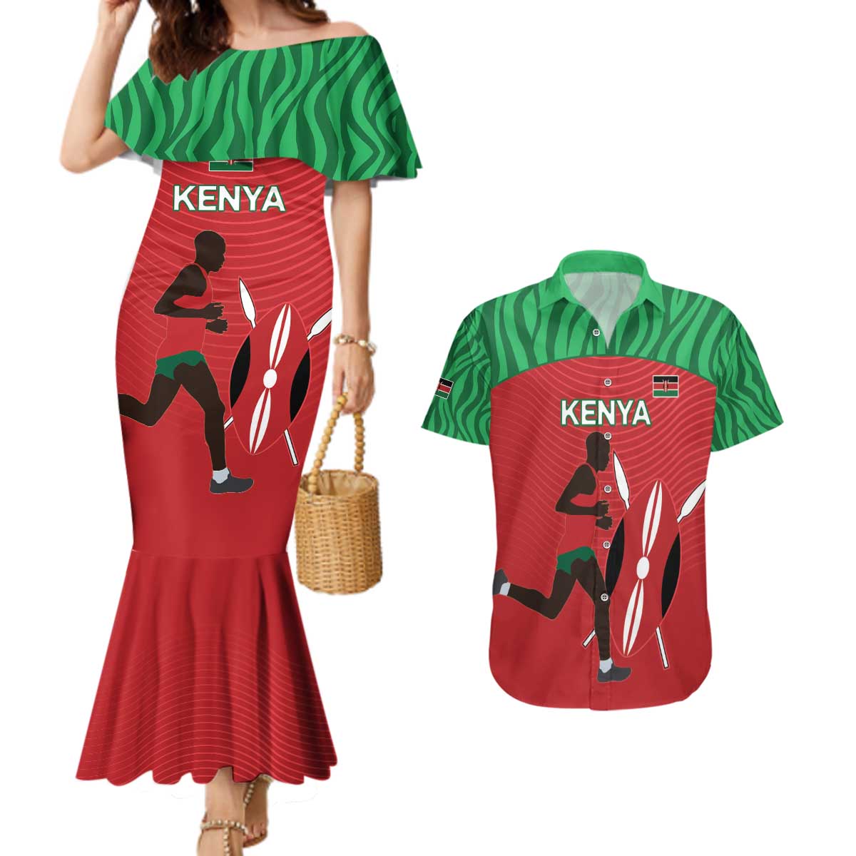 Custom Athletics Kenya Couples Matching Mermaid Dress and Hawaiian Shirt Kenyan Runner - Wonder Print Shop