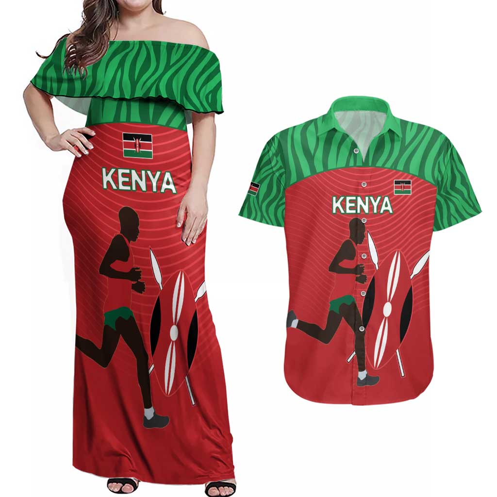 Custom Athletics Kenya Couples Matching Off Shoulder Maxi Dress and Hawaiian Shirt Kenyan Runner - Wonder Print Shop