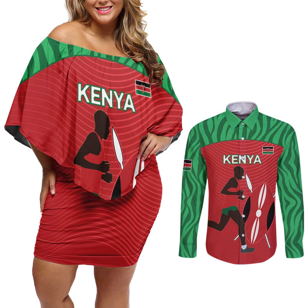 Custom Athletics Kenya Couples Matching Off Shoulder Short Dress and Long Sleeve Button Shirt Kenyan Runner - Wonder Print Shop