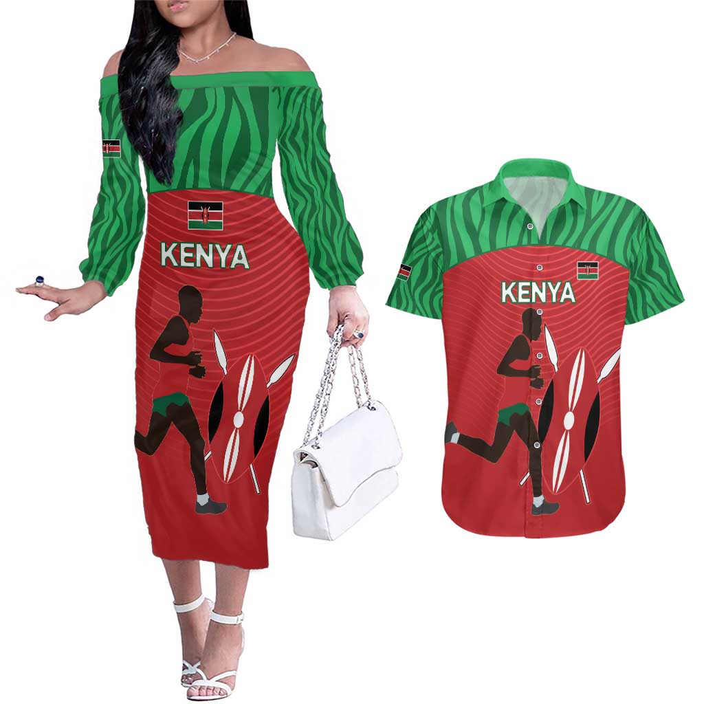 Custom Athletics Kenya Couples Matching Off The Shoulder Long Sleeve Dress and Hawaiian Shirt Kenyan Runner - Wonder Print Shop