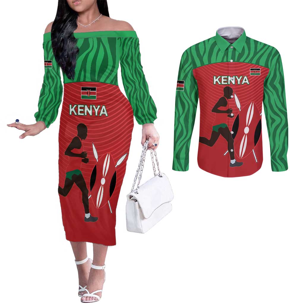 Custom Athletics Kenya Couples Matching Off The Shoulder Long Sleeve Dress and Long Sleeve Button Shirt Kenyan Runner