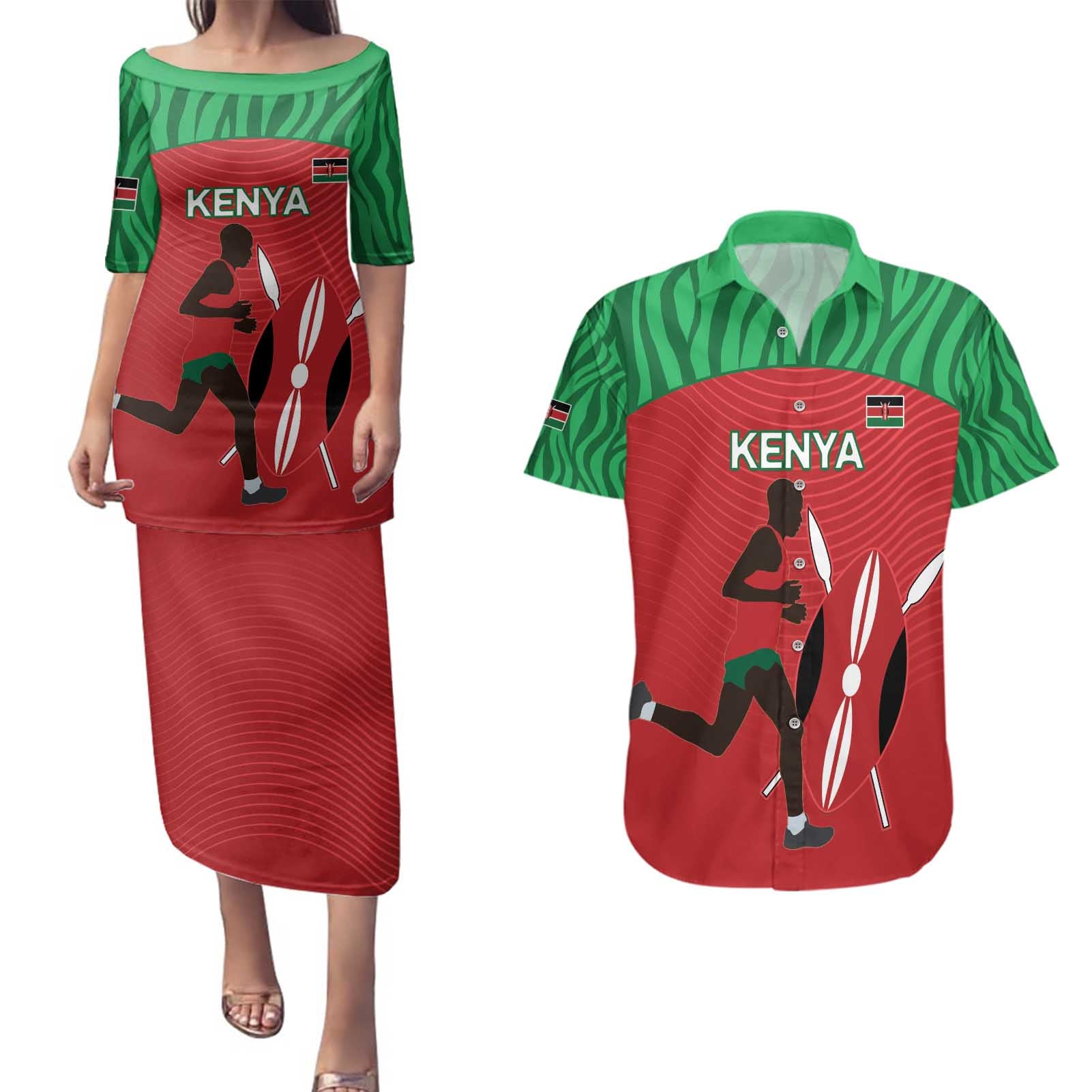 Custom Athletics Kenya Couples Matching Puletasi and Hawaiian Shirt Kenyan Runner - Wonder Print Shop