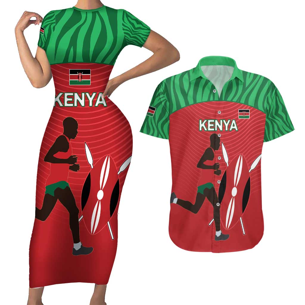 Custom Athletics Kenya Couples Matching Short Sleeve Bodycon Dress and Hawaiian Shirt Kenyan Runner - Wonder Print Shop