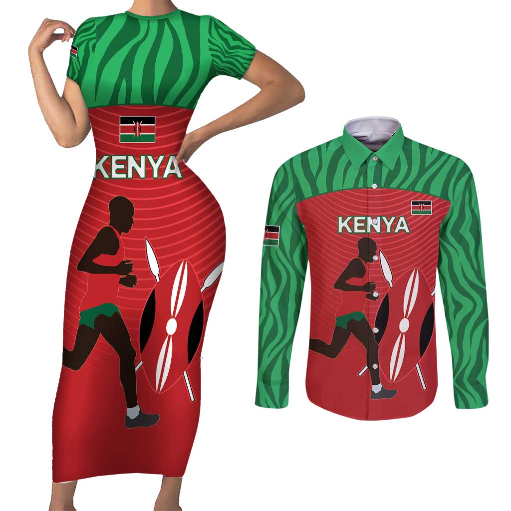 Custom Athletics Kenya Couples Matching Short Sleeve Bodycon Dress and Long Sleeve Button Shirt Kenyan Runner - Wonder Print Shop