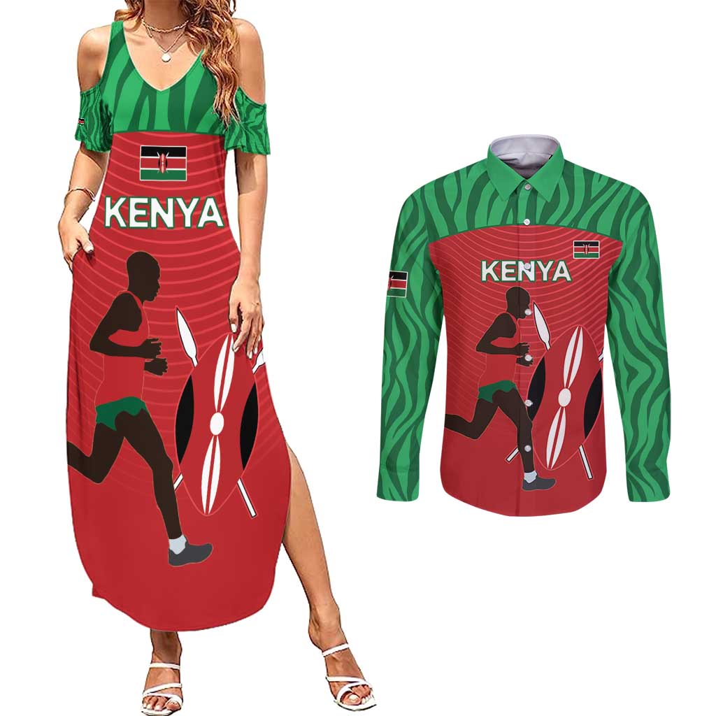 Custom Athletics Kenya Couples Matching Summer Maxi Dress and Long Sleeve Button Shirt Kenyan Runner - Wonder Print Shop