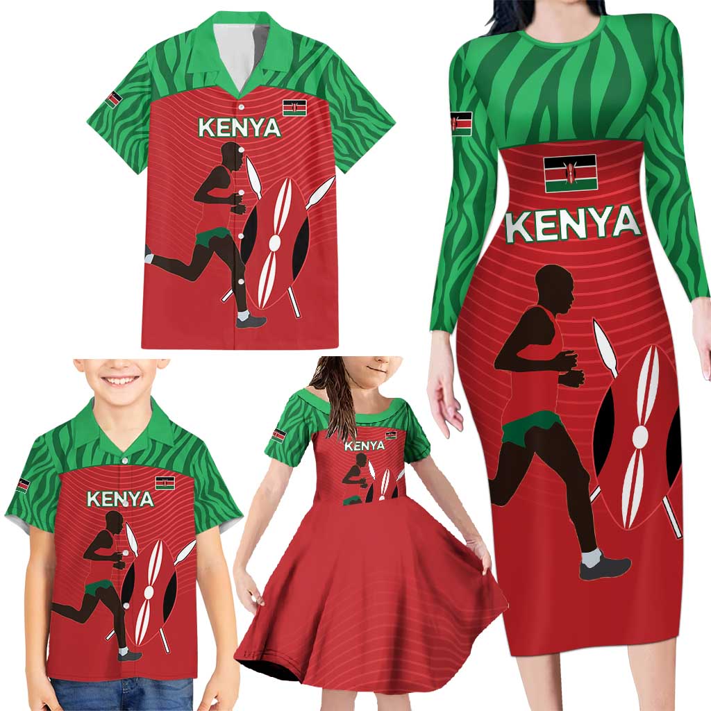 Custom Athletics Kenya Family Matching Long Sleeve Bodycon Dress and Hawaiian Shirt Kenyan Runner - Wonder Print Shop