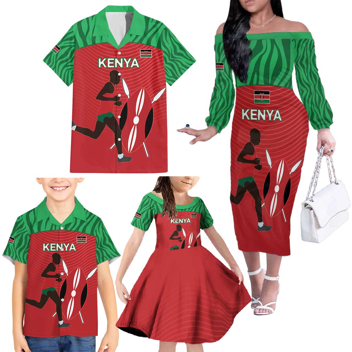 Custom Athletics Kenya Family Matching Off The Shoulder Long Sleeve Dress and Hawaiian Shirt Kenyan Runner - Wonder Print Shop