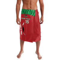 Red lavalava runner skirt with green waistband and front graphic, 'Your Text' 15