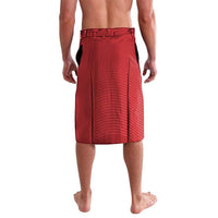 Red lavalava runner skirt with side slit and stitched waistband, front view