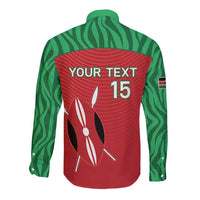 Long-sleeve button shirt back with green patterned top, red panel and "YOUR TEXT 15"
