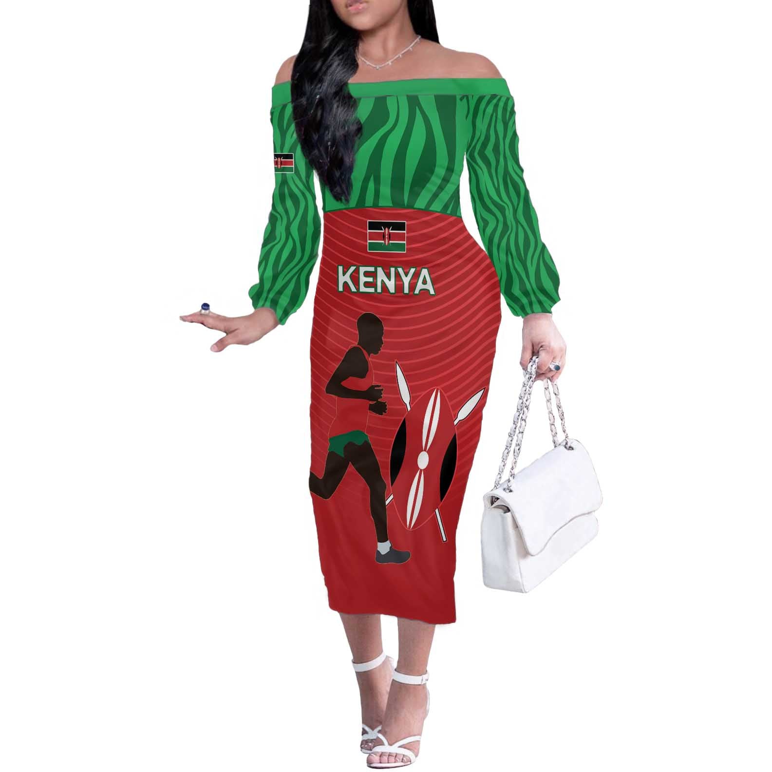 Custom Athletics Kenya Off The Shoulder Long Sleeve Dress Kenyan Runner - Wonder Print Shop