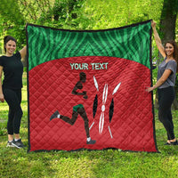 Red and green quilt runner with runner silhouettes and “YOUR TEXT”, held up