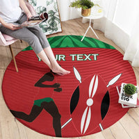 Red circular rug with black runner and rabbit graphic, green details, “YOUR TEXT”