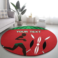 Red round runner rug featuring black silhouette, white rabbit graphic, “YOUR TEXT”