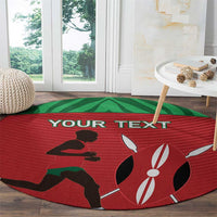 Red circular rug with green band, black runner, rabbit graphic, and “YOUR TEXT”