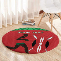 Red round runner rug with black silhouette and rabbit design, green accents, “YOUR TEXT”