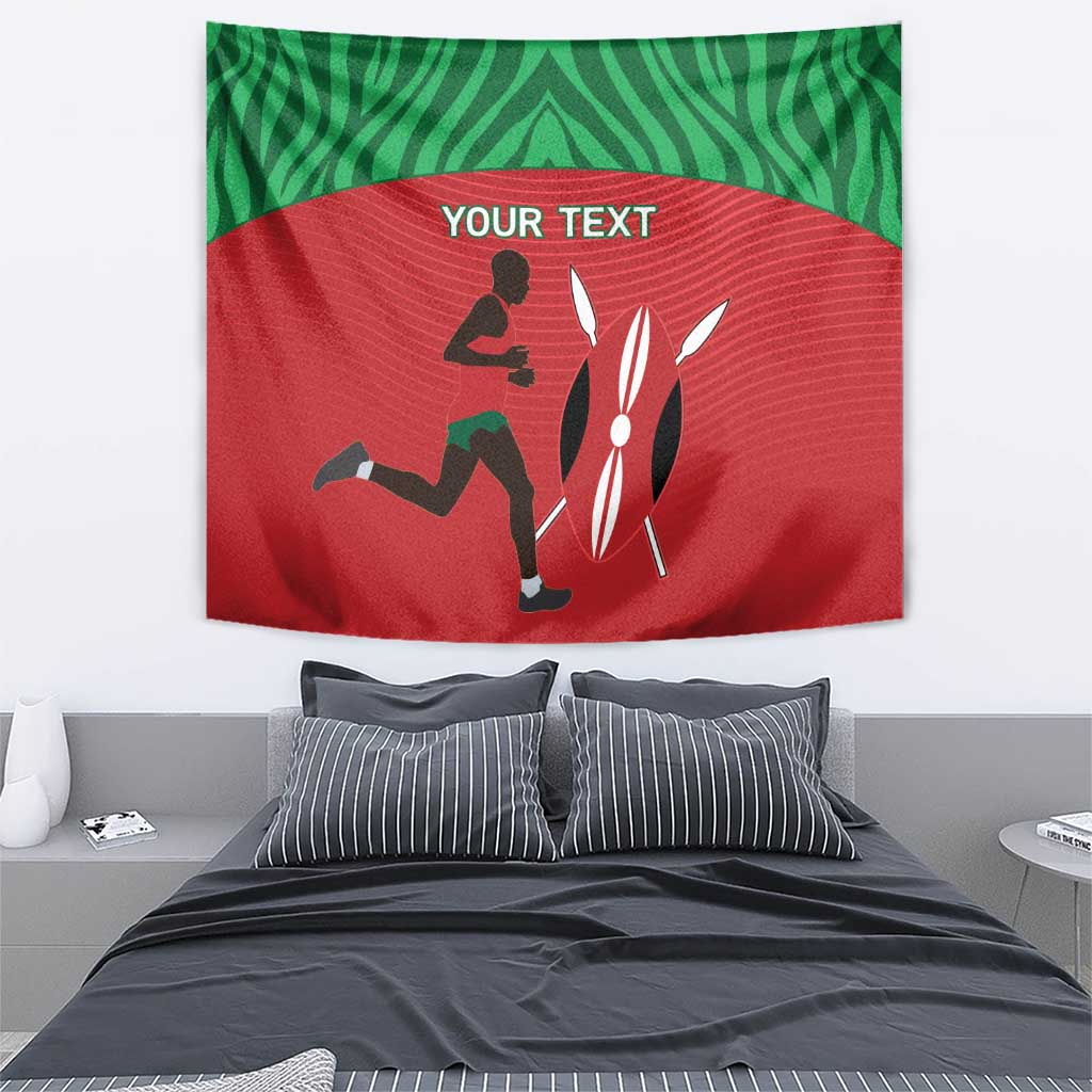 Red and green runner tapestry with 'YOUR TEXT' and silhouette figures, wall-hung