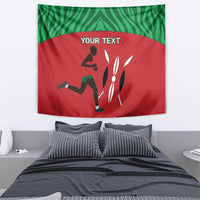 Red and green runner tapestry with 'YOUR TEXT' and silhouette figures, wall-hung