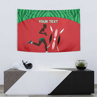 Red Kenyan runner tapestry with 'YOUR TEXT' and silhouette art, above cabinet