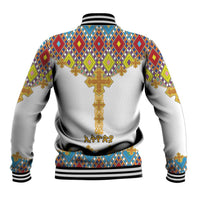 White baseball jacket with colorful diamond pattern, golden cross on back, ribbed collar and cuffs